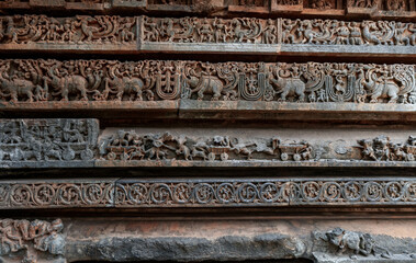 Stone Carving of Hoysaleshwara Temple in Halebidu. Karnataka. India.
