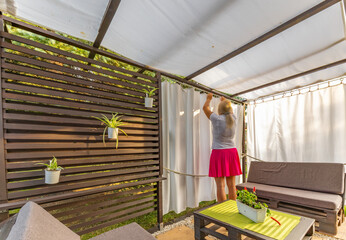 Garden terrace, resting place, flowers, wooden pergola