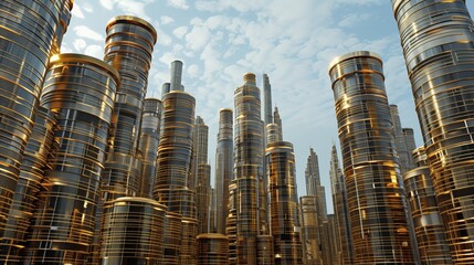 A futuristic cityscape of buildings constructed from glistening golden coins, gleaming under the setting sun.