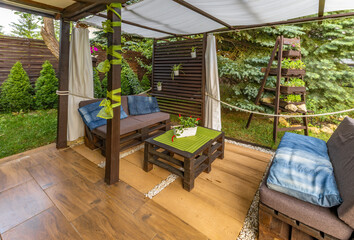 Garden terrace, resting place, flowers, wooden pergola