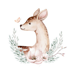 Cute baby deer animal for kindergarten, nursery isolated illustration for children clothing, pattern. Watercolor Hand drawn boho image forest woodland poster baby shower