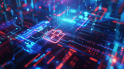 Modern digital background with information protection and cyber security elements lock symbol and intricate network blue tech design focusing on safety 