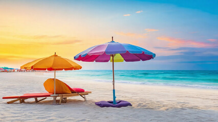 A summer beach scene at sunrise, with sand, gentle waves lapping at the shore, and colorful beach umbrellas.