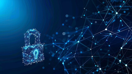 Obraz premium Network protection and cyber technology security illustration showcasing a lock symbol and intricate digital connections modern blue background 