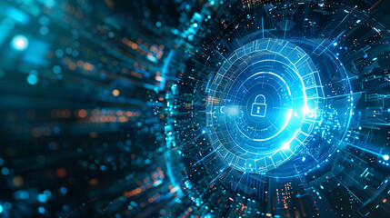 Fototapeta premium Network protection and cybersecurity theme with future technology web services lock symbol and digital elements blue tech background for business and internet projects 