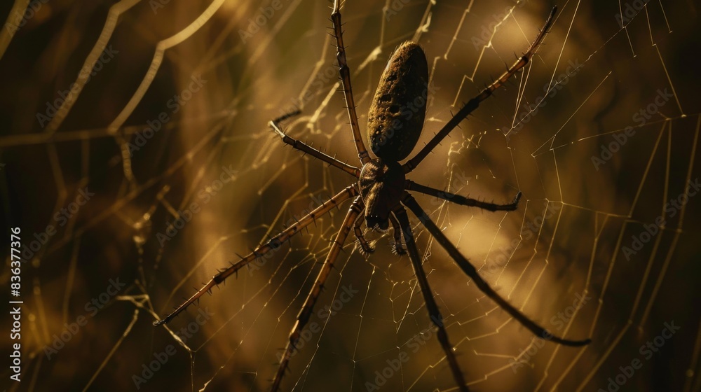 Poster a cellar spider hanging upside down in its web, its long legs poised to detect the slightest movemen