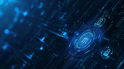 Obraz premium Network security and privacy crime mixed media concept with digital locks tech elements and a blue background with dark tones emphasizing the dichotomy of cybersecurity and threats 