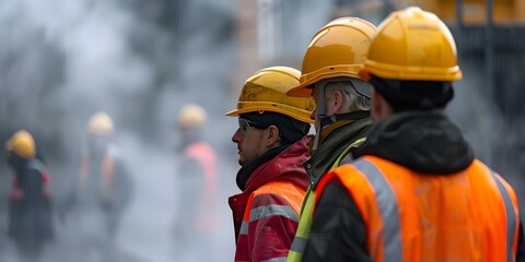 Obraz premium Construction workers wearing protective gear standing together in a group. Concept Construction workers, Safety gear, Group photo, Teamwork, Occupational safety