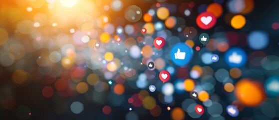 Bright social media icons and colorful bokeh light effects representing online engagement, interaction, and digital communication.