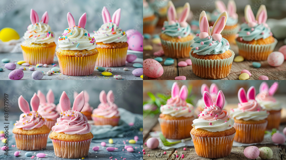 Wall mural delicious easter bunny cupcakes with pink frosting and sprinkles