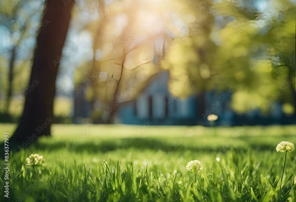 Sticker a field of green grass with some dandelions in front of a tree