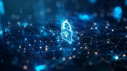 Obraz premium Secure access to personal information and internet cyber security theme with encryption lock icon on a blue tech background detailed network connections 