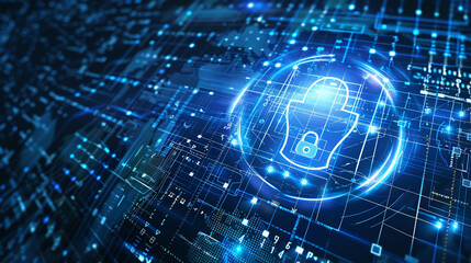 Fototapeta premium Secure digital space with virtual confidential protection programming security concept blue tech background with detailed network and digital elements 