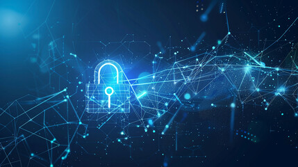 Secure network safety concept lock icon and digital links on a blue background detailed tech design focusing on protection and security 
