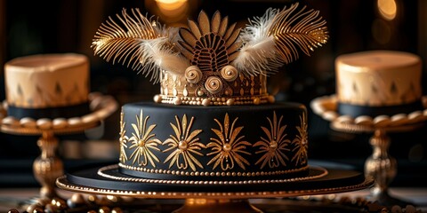 Glamorous Roaring Twenties Cake in Jazz Club Setting, generative ai