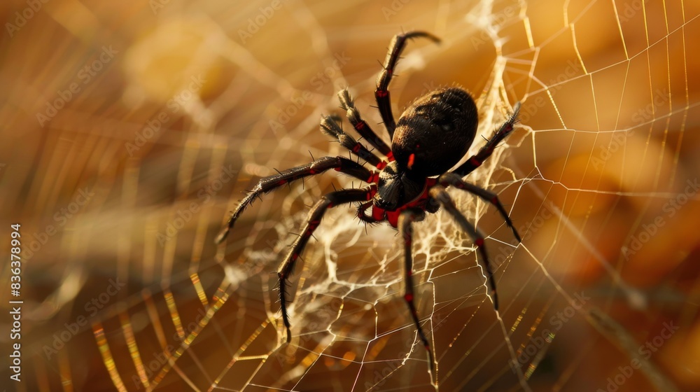 Poster A close-up of a black widow spider weaving its distinctive web, its red hourglass marking serving as a warning to potential predators