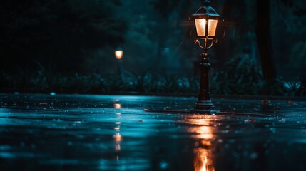 A classic street lamp casting a soft glow on a rainy night, reflecting off wet pavement and...