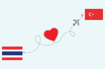 Flight and travel concept from thailand to turkiya airplane travel Heart concept flags design