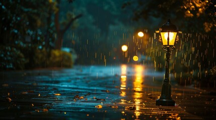 A classic street lamp casting a soft glow on a rainy night, reflecting off wet pavement and...
