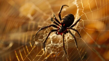 A close-up of a black widow spider weaving its distinctive web, its red hourglass marking serving as a warning to potential predators