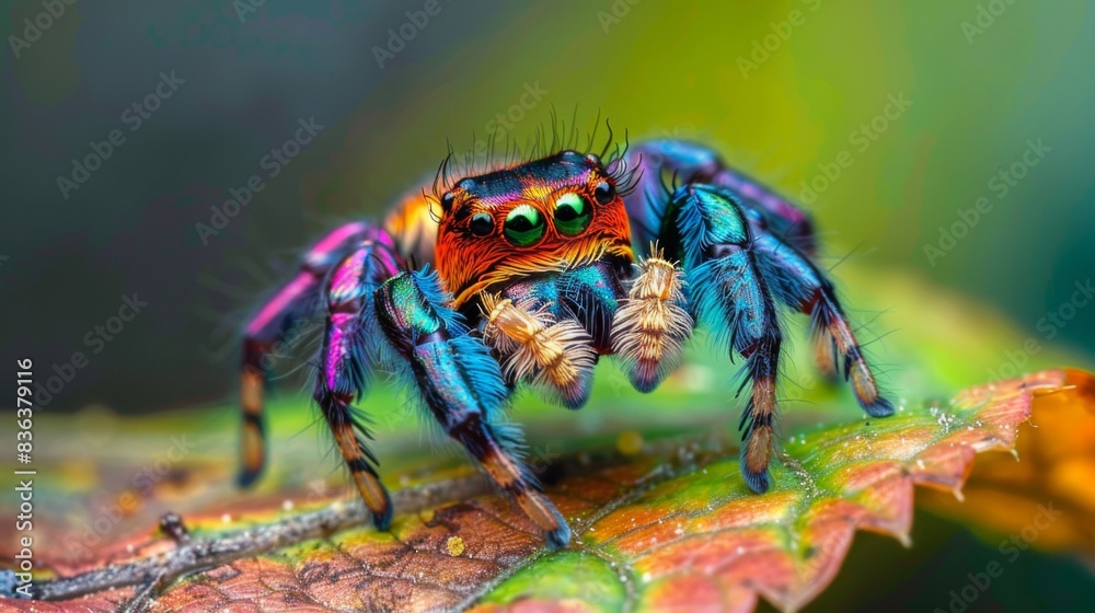 Poster A close-up of a colorful jumping spider on a leaf, showcasing the intricate patterns and vibrant hues of nature's tiny marvels
