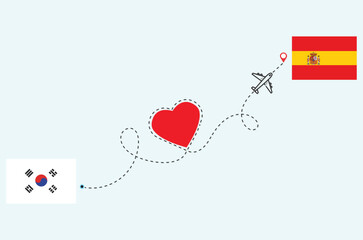 Flight and travel concept from south korea to spain airplane travel Heart concept flags design