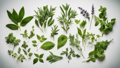 A collection of different herbs and leaves on a white background.
