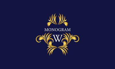Luxury crest monogram logo with initial letter W. Ornate gold frame illustration. Invitation, wedding, label, restaurant, heraldry