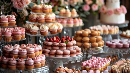 A table full of pink cupcakes and pastries