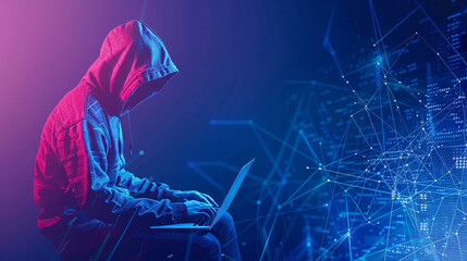 Visual depiction of a hacker in a data security concept with a hooded figure using a laptop to infiltrate and compromise internet systems