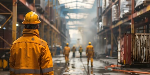 Port facility investigating cargo explosion enforcing safety protocols in hazardous warehouse environments. Concept Warehouse Safety Protocols, Cargo Explosion Investigation