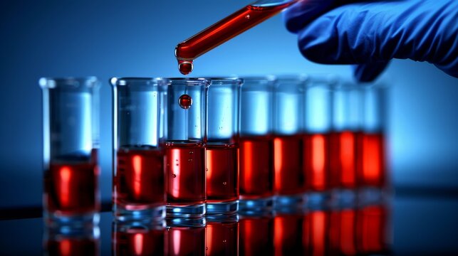 A hand in a blue glove adds a drop of red liquid or blood to a test tube using a pipette. A row of test tubes containing red liquid is visible in the background.