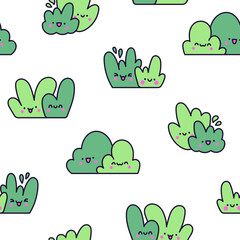 Kawaii cute lawn bush. Seamless pattern. Cartoon plant grass character. Hand drawn style. Vector drawing. Design ornaments.