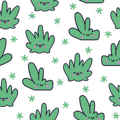 Kawaii cute lawn bush. Seamless pattern. Cartoon plant grass character. Hand drawn style. Vector drawing. Design ornaments.