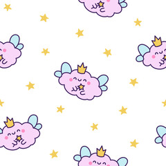 Cute and kawaii cloud. Seamless pattern. Cartoon weather character. Hand drawn style. Vector drawing. Design ornaments.