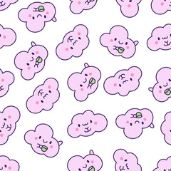 Cute and kawaii cloud. Seamless pattern. Cartoon weather character. Hand drawn style. Vector drawing. Design ornaments.