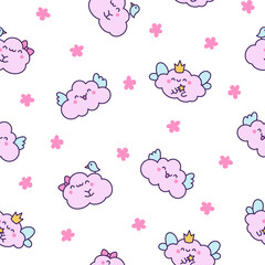 Cute and kawaii cloud. Seamless pattern. Cartoon weather character. Hand drawn style. Vector drawing. Design ornaments.