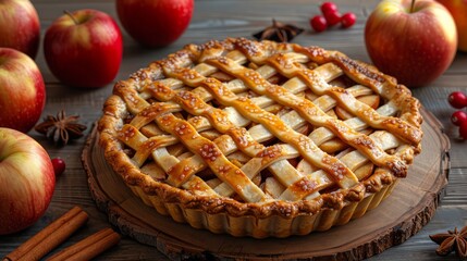 A pie with lattice crust and apples on a wooden table