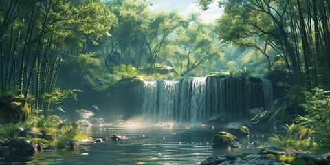 Zen Retreat: Bamboo Grove with Cascading Waterfall, generative ai