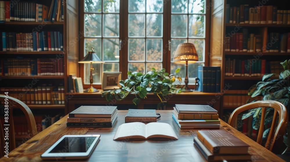 Aufkleber A library with a desk with a book open and a laptop on it