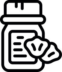 Simple black line icon depicting a medicine bottle with label and pills