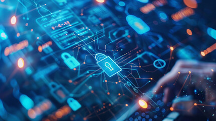 Visualization of online internet secure payment and safe network communication in banking showing a person making a payment via computer locks and padlocks representing security on a diagram 