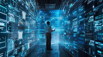 Worker oversees document storage ERP systems quality assessment with checklist and online databases.