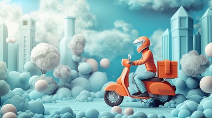 cute paper cut style illustration,  motorcycle food and document delivery service