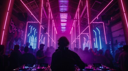 A DJ performs at an underground rave in an abandoned warehouse, neon lights pulsing as the crowd dances.