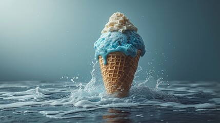Waffle cone with blue ice cream and whipped cream rising from water