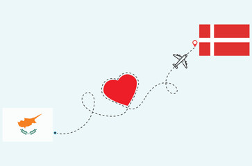 Flight and travel concept from cyprus to denmark airplane travel Heart concept flags design