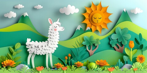cute paper cut style illustration, cute cartoon Llama in sunny day at flower garden spring season