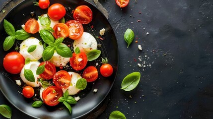 mozarella cheese with tomatoes and basil on slate background
