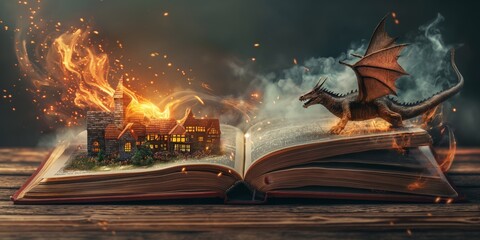 elegance paper cut craft style illustration  enchanted magic fairytale book with fantasy scene pop up on page, a castle with dragon invade 